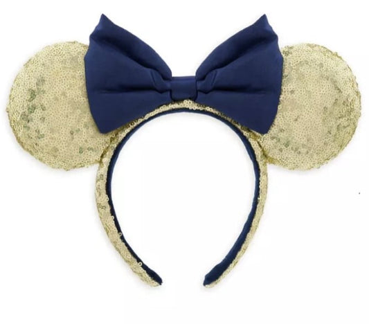 Disney Minnie Ear Headband - 50th Anniversary Gold Sequin with EARidescent Blue Bow