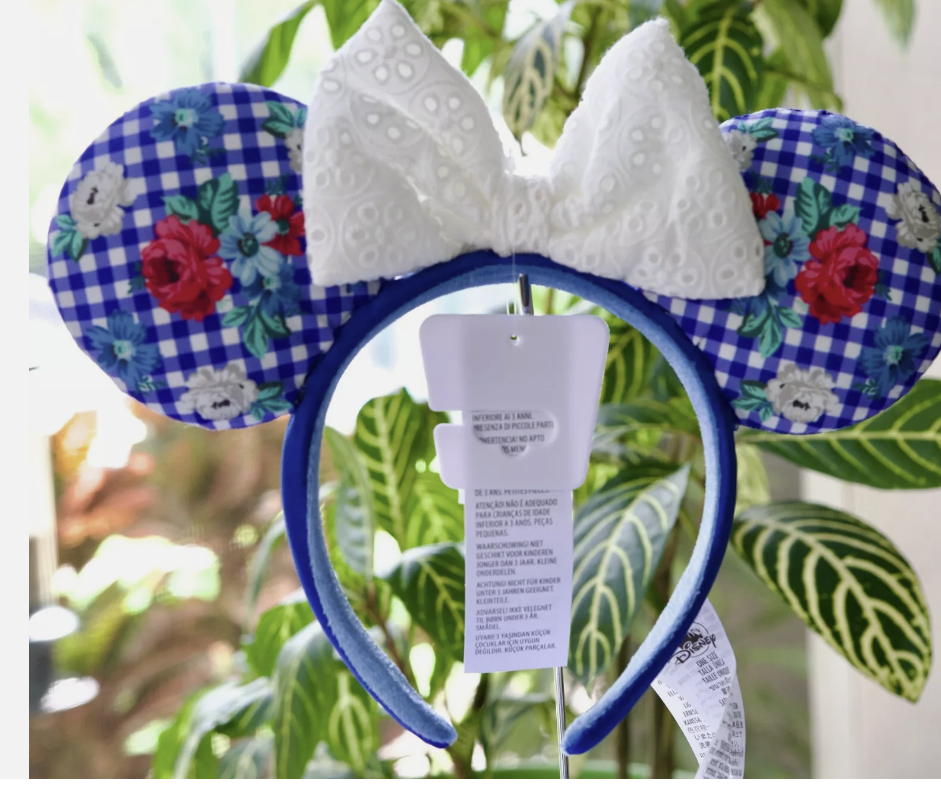 Disney Parks EPCOT Blue Gingham Floral Checkered Minnie Ears Headband